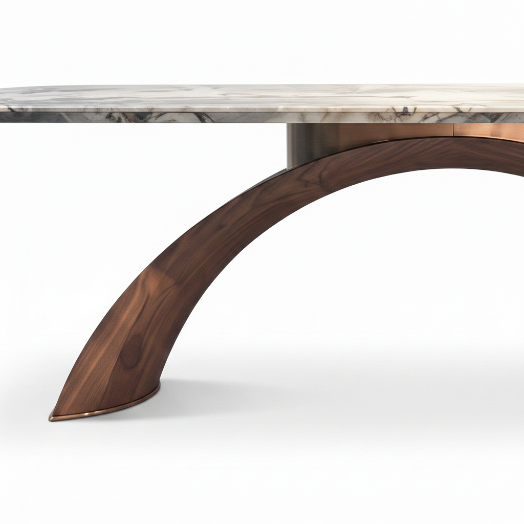 Close-up of Corvella Marble Dining Table solid ash wood base and tabletop connection on white background
