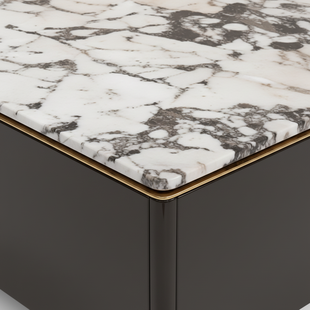 Uverne Coffee Table stone veneer tabletop, rounded edge and gold trim detail