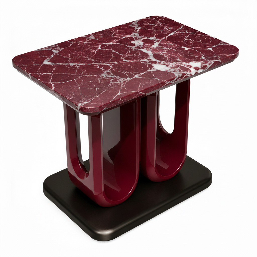 Zevrane End Table red marble top, curved burgundy frame, and black plinth, bird's-eye view