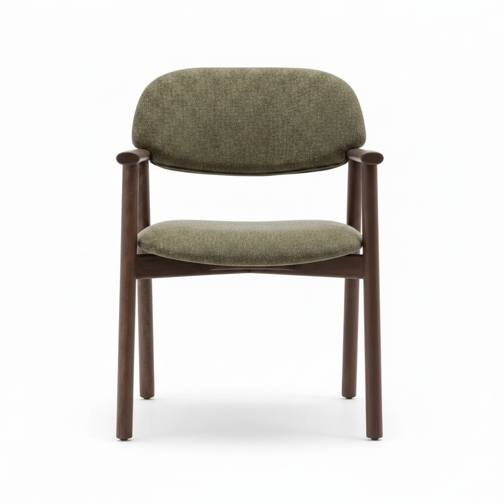 Wexorin Dining Chair front view with olive gray fabric upholstery and walnut wood frame on white background