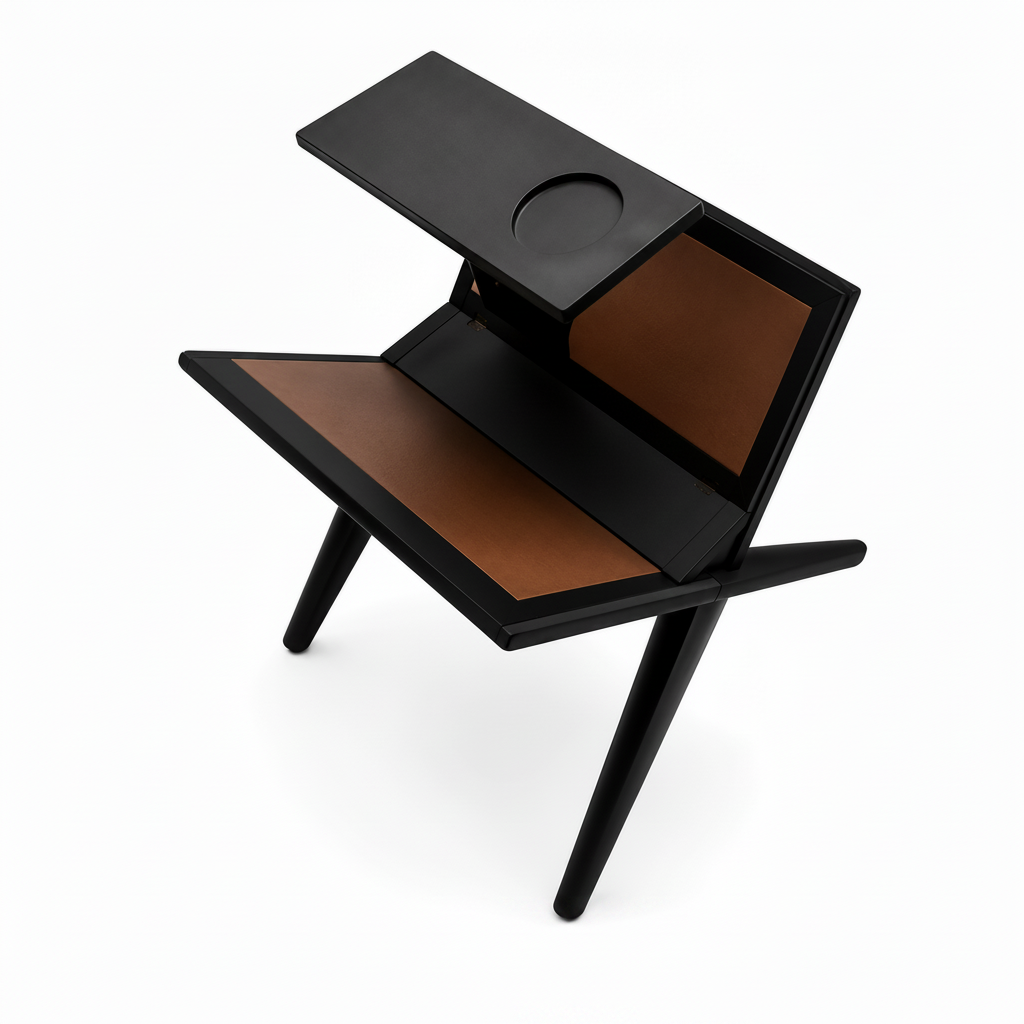 Elarenne End Table black tabletop and saddle leather detail
