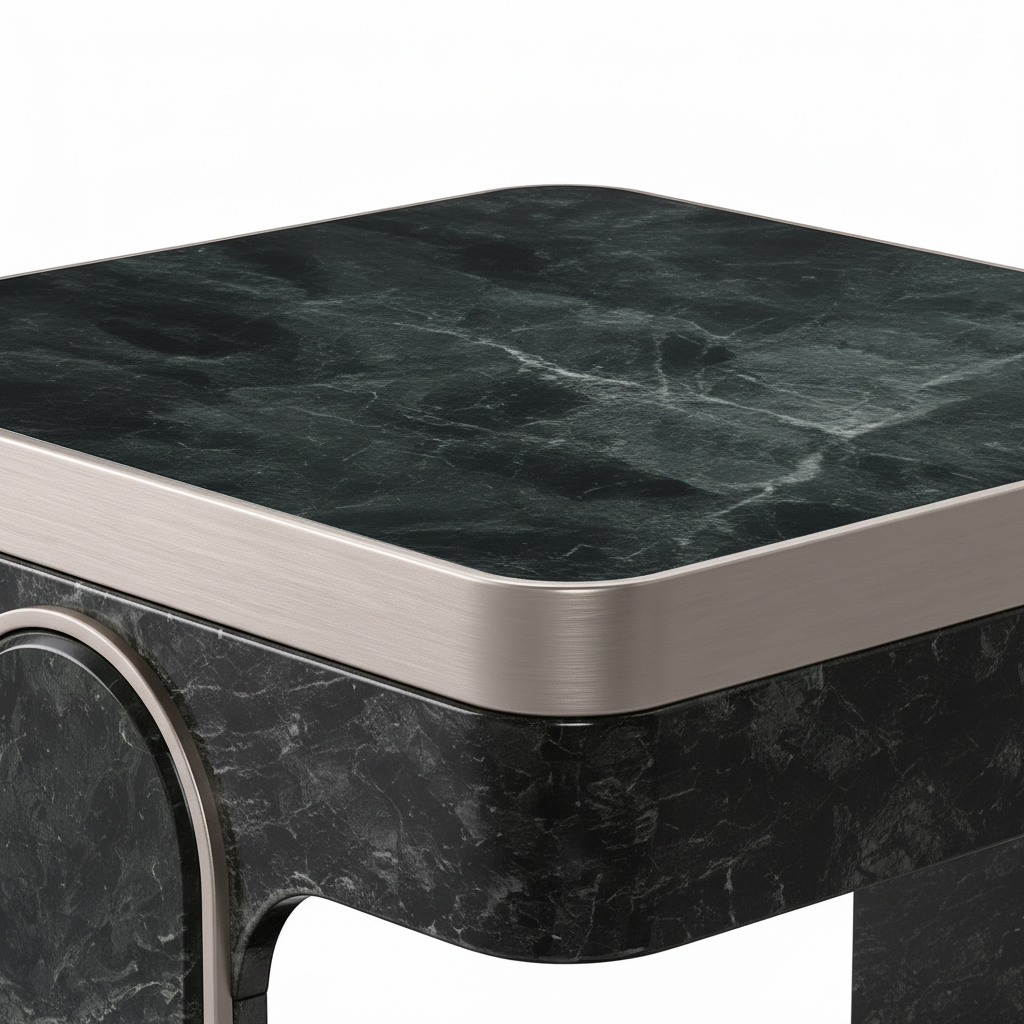 Close-up of the black marble tabletop and silver edge trim on the Maurelle End Table