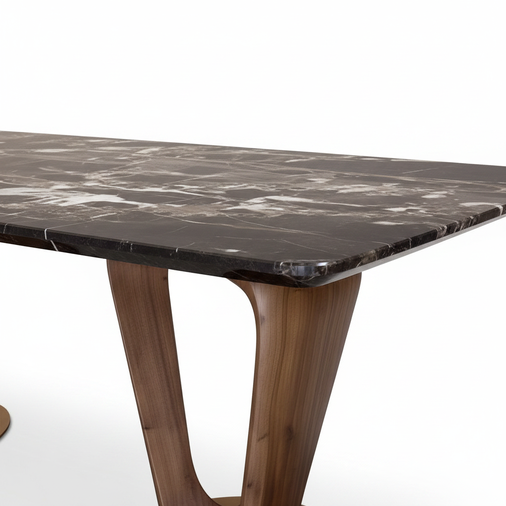 Close-up of Bellerose Marble Dining Table dark veined marble edge and sculptural bronze loop base connection