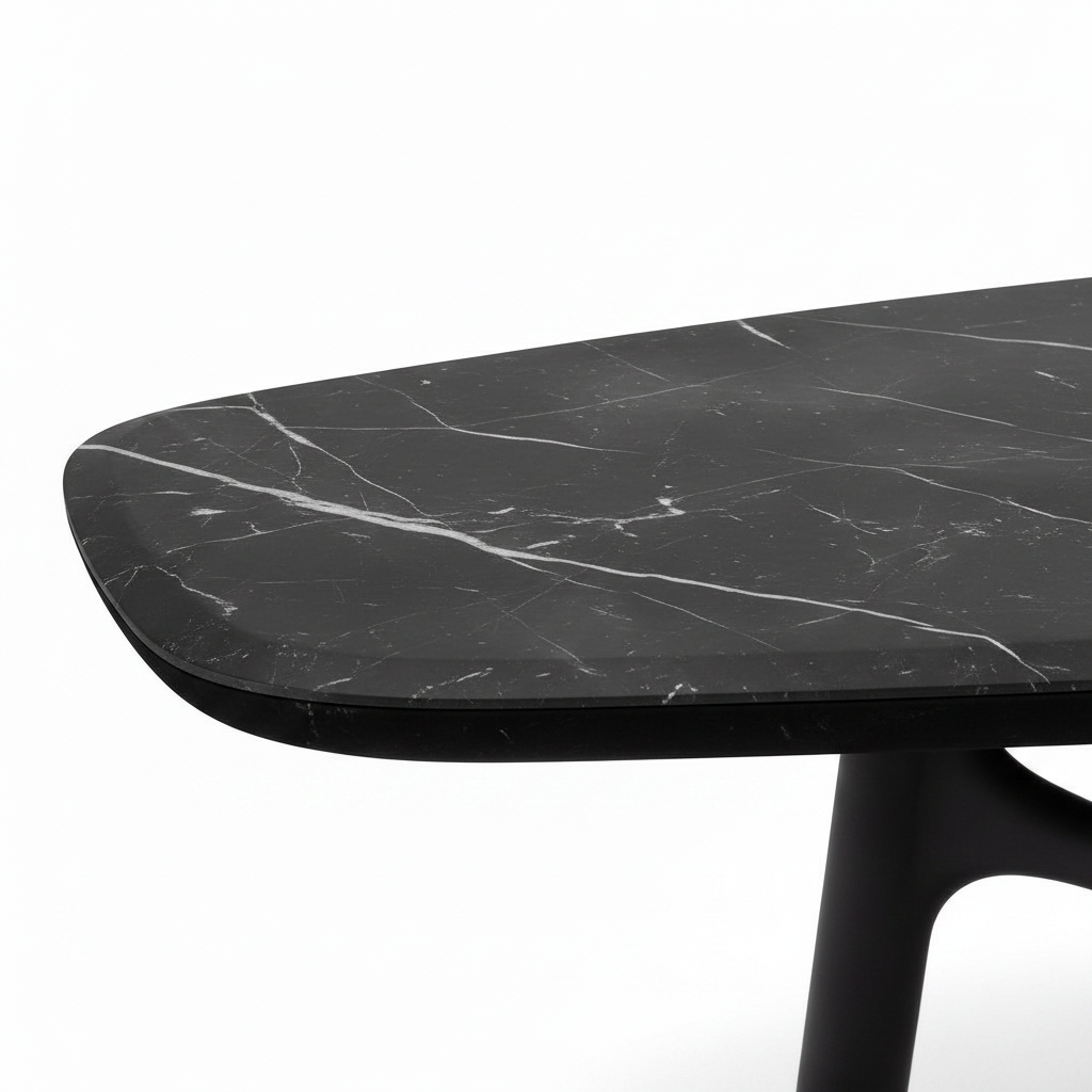 Monceau Marble Dining Table black marble surface and rounded edge detail