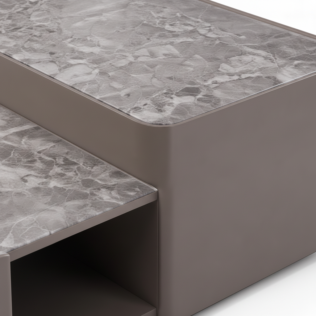 Luscaris Coffee Table gray marble tabletop and rounded edge detail
