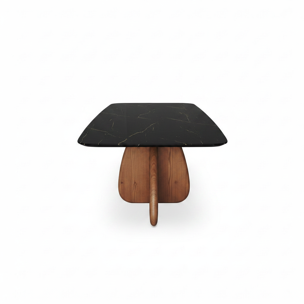 Rosaline Marble Dining Table true 90-degree end-on side view with matching sculptural ash wood supports on a white background