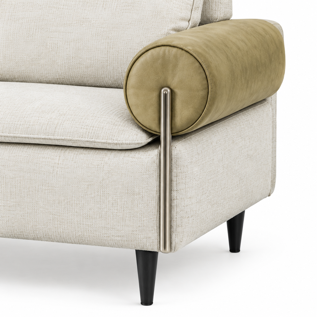 Dorselle Sofa tan cylindrical arm, metal support and black leg close-up