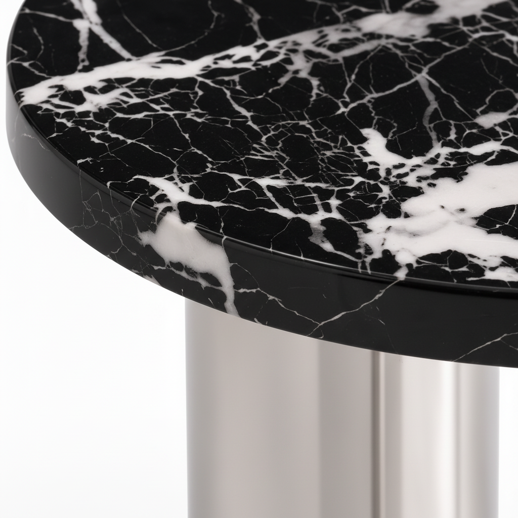Close-up of the black stone-veneer tabletop and white veining on the Mirenne End Table