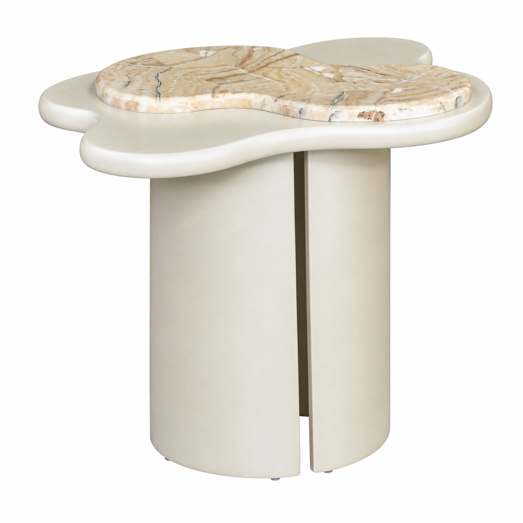 Sirene End Table in Creamy Pearl, left-front view with organic veined tabletop and curved split pedestal.