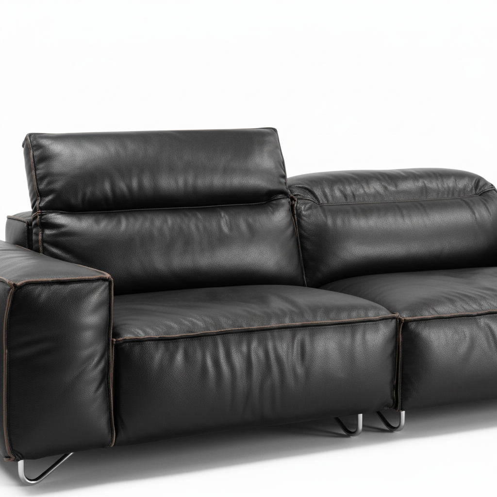 Cormaro Sofa black leather backrest cushion and seam close-up