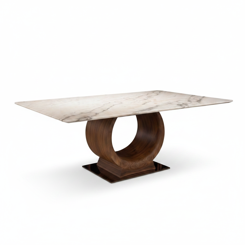 Mirabelle Marble Dining Table in a 45-degree three-quarter view on a white background