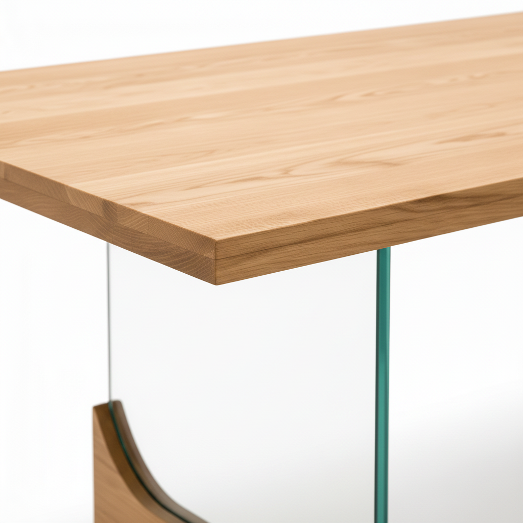 Close-up of Odrisse Dining Table elm wood tabletop edge and glass support