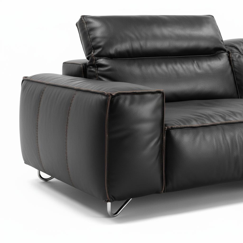 Cormaro Sofa black leather right armrest seam and metal leg detail
