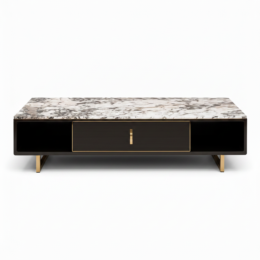 Uverne Coffee Table with black wood veneer, stone veneer top and gold trim, front view