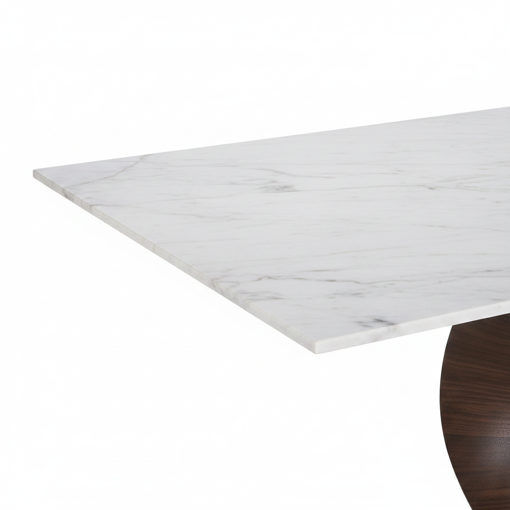 Close-up of the natural marble surface and edge of Lucienne Marble Dining Table