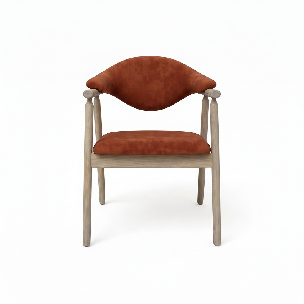 Thalia Dining Chair with rust orange upholstery and light wood, straight front view on white background