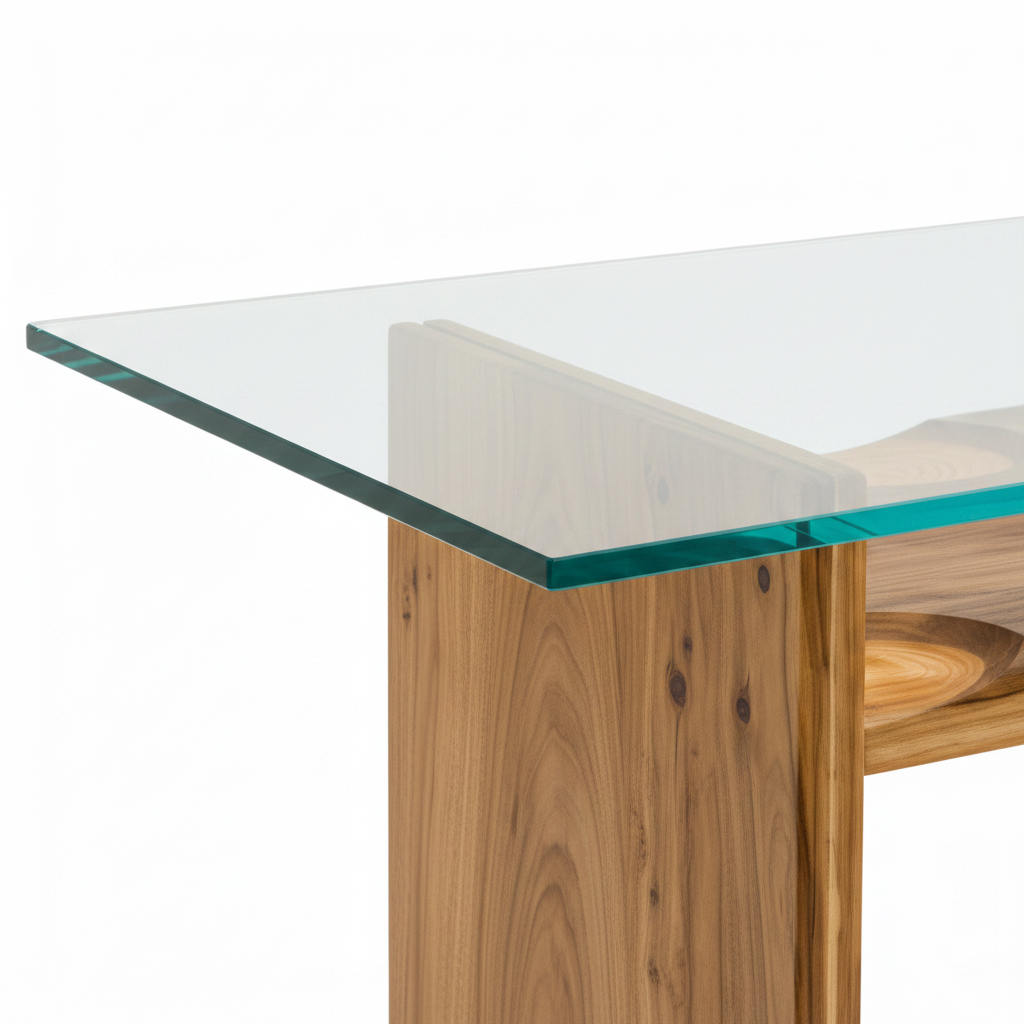 Close-up of Rensaro Dining Table glass tabletop edge and wood grain