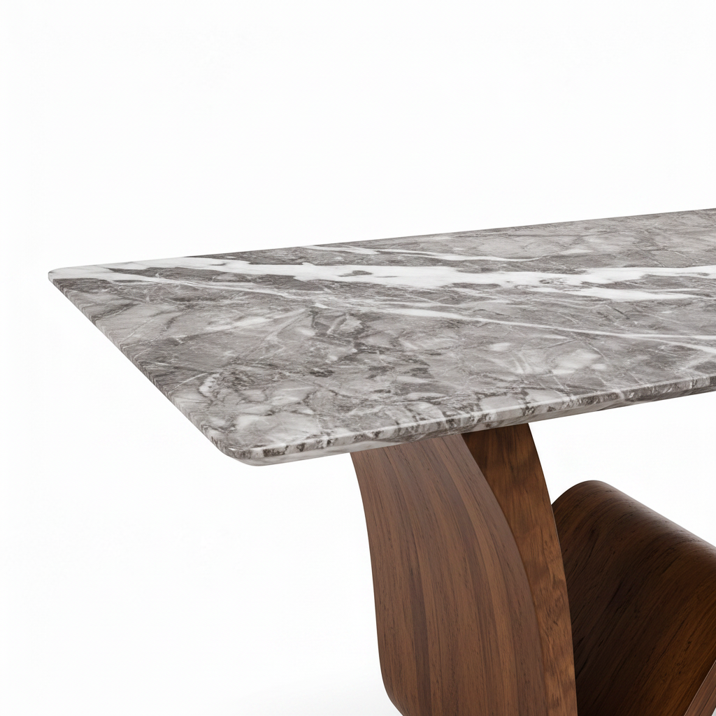 Close-up of the marble surface and edge of Auremont Marble Dining Table