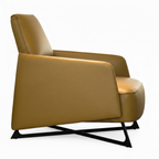 Marvane accent chair right-side view with opening facing left, mustard brown leather