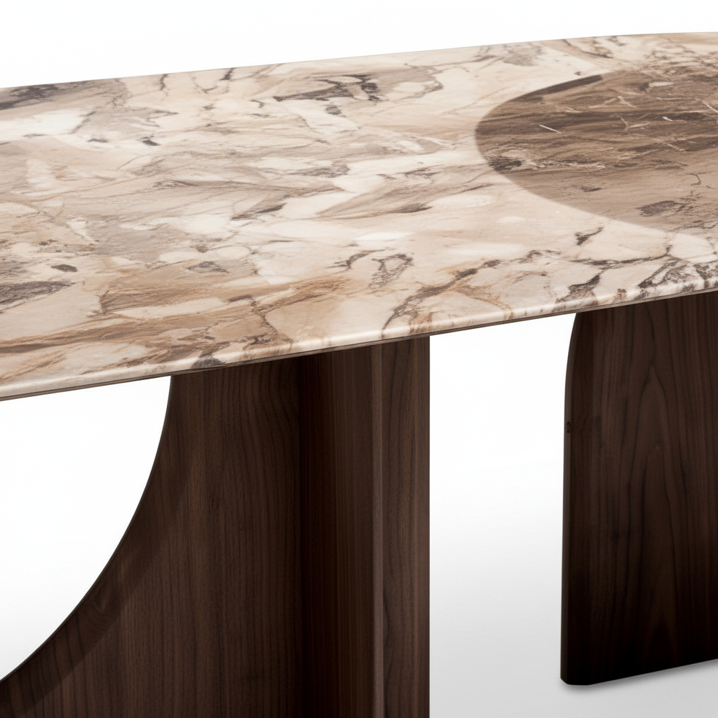 Firenze Marble Dining Table marble tabletop and edge detail with natural veining on a white background