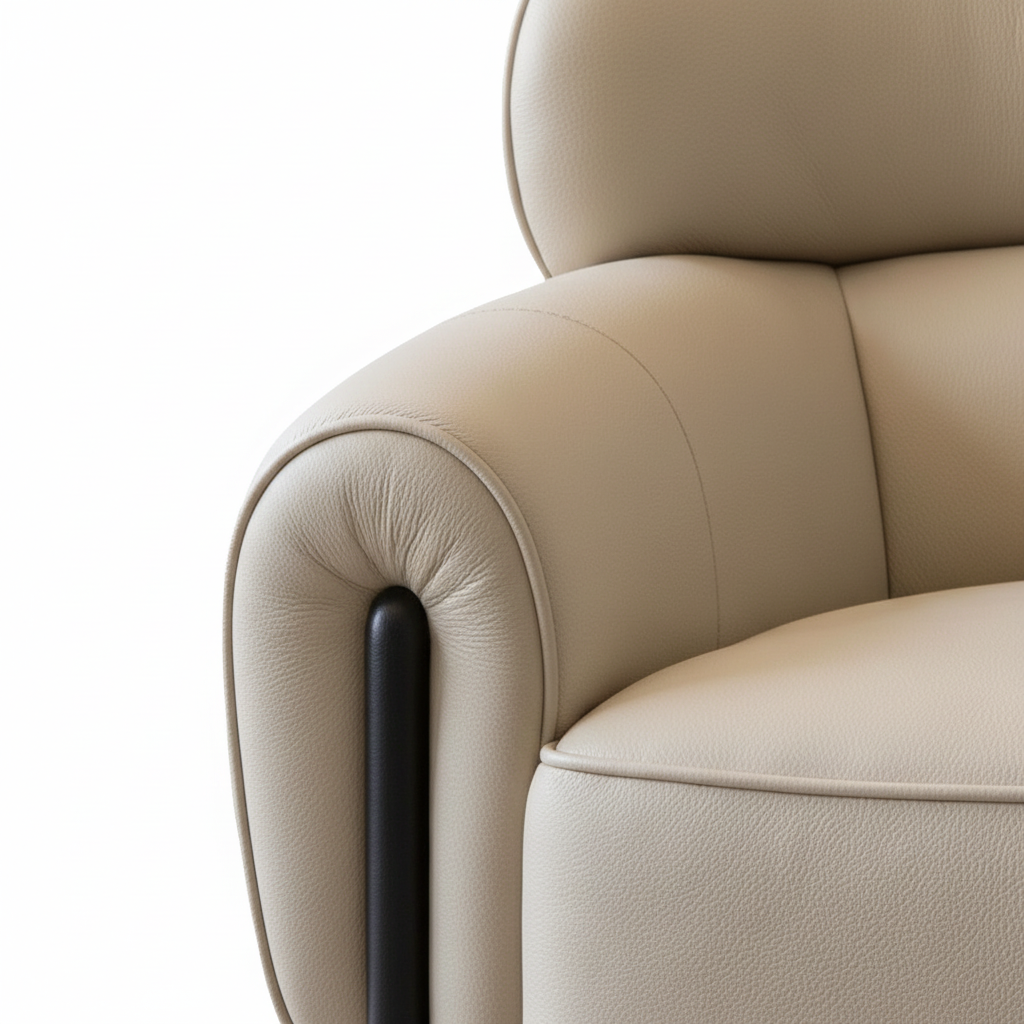Close-up of the right armrest, piping, and narrow black accent on the Mavero Eliot Leather Sofa