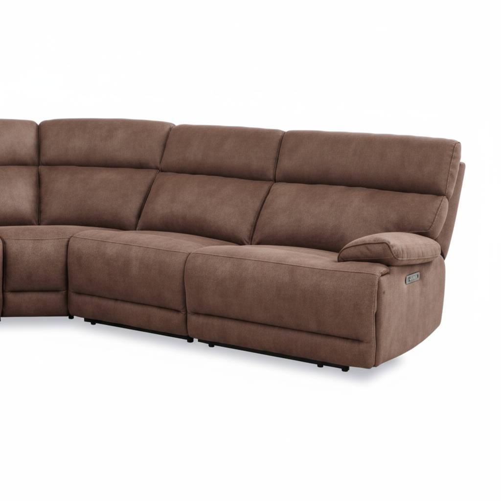 Close-up of the Jolivet brown fabric sectional right power seat, padded armrest, and control button