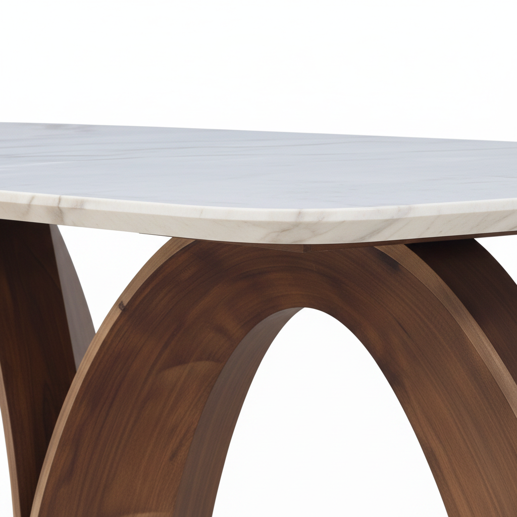 Close-up of Cressida Marble Dining Table ash wood arch base and marble tabletop connection on white background