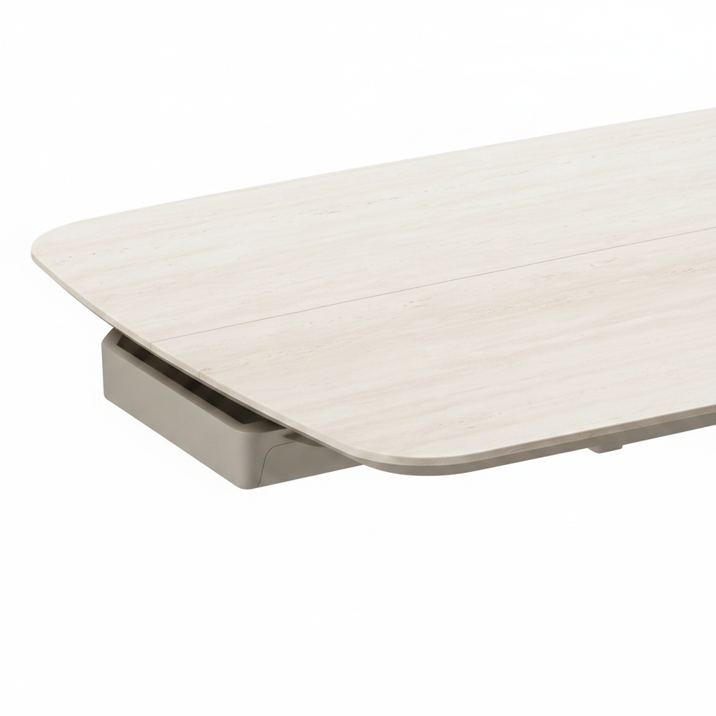 Gavriel travertine extendable dining table top and extension seam detail