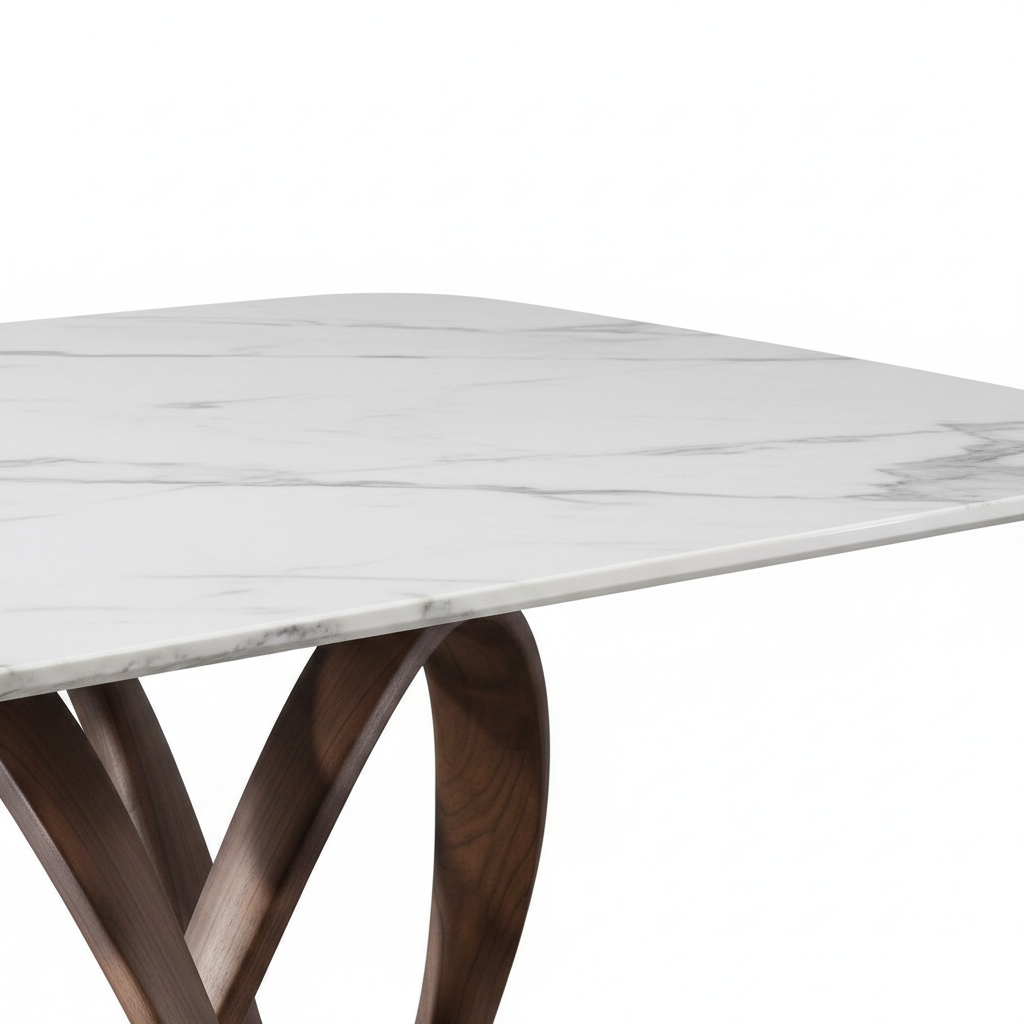 Cavelle Marble Dining Table white background natural marble tabletop corner detail