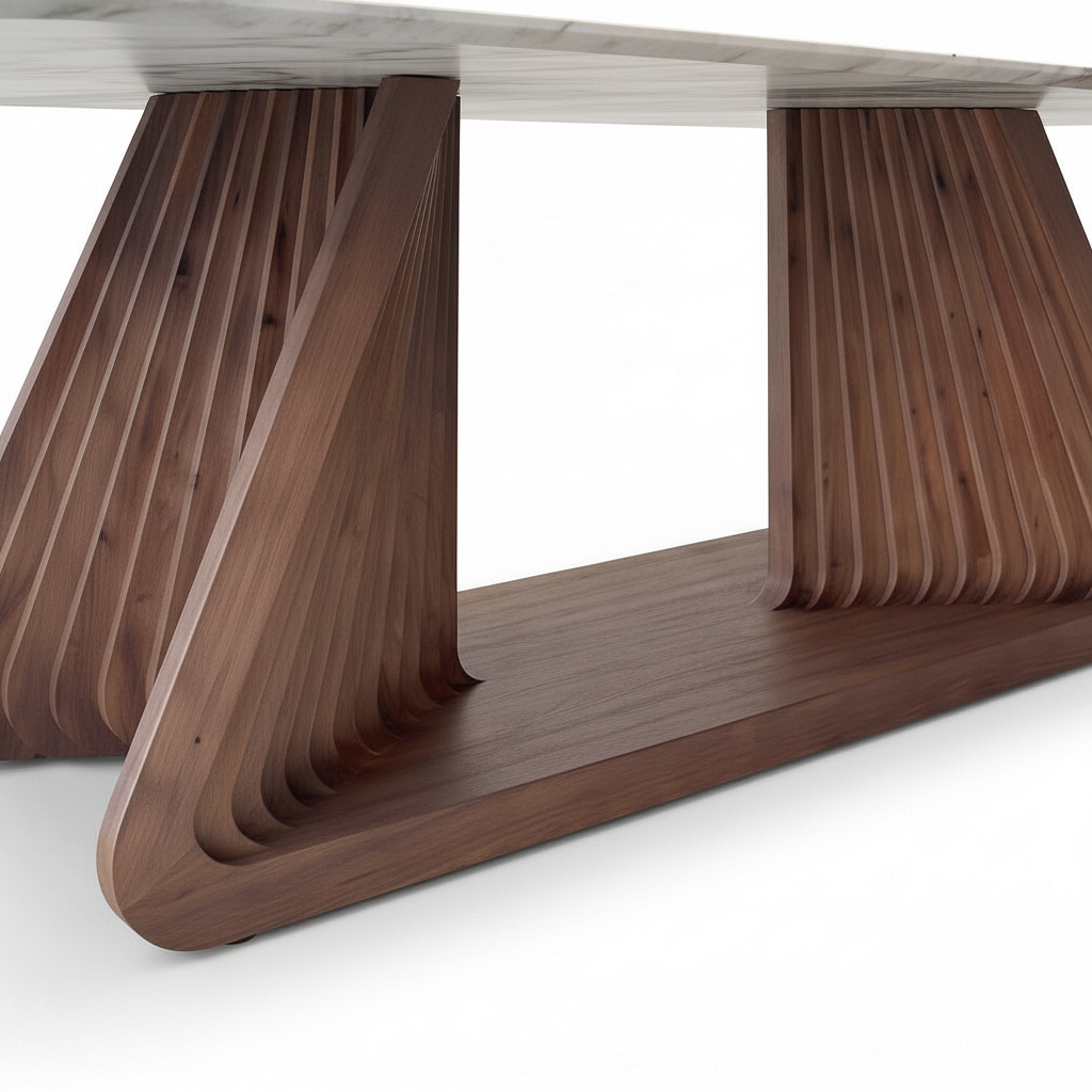 Caelina Marble Dining Table ribbed wood base and curved foot detail