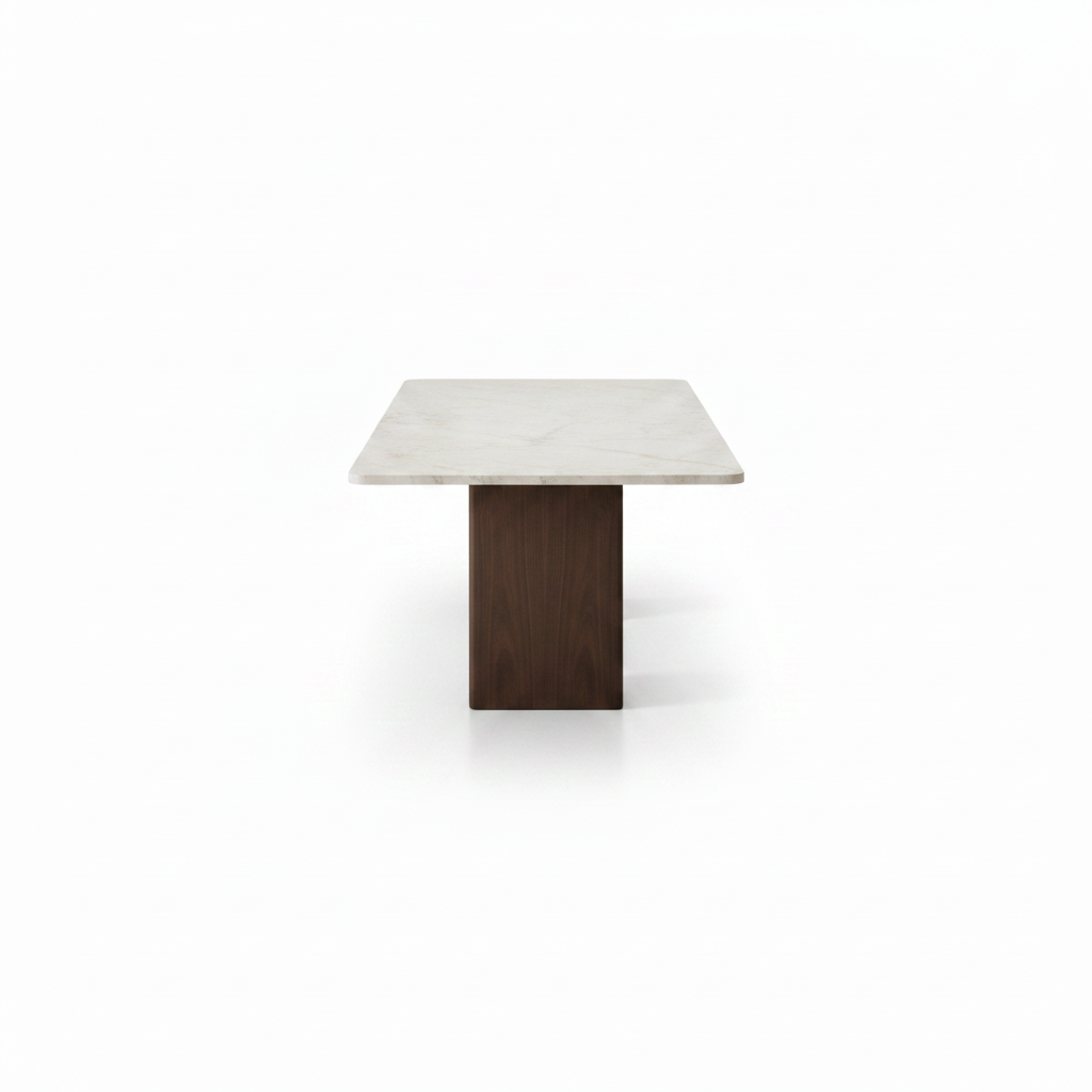 Lunavere Dining Table in marble and stainless steel, 90-degree side view on white background
