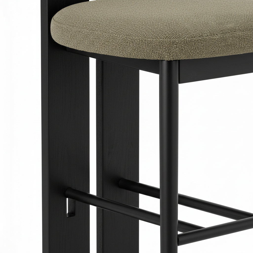 Westmere Noir Bar Stool solid ash wood grain, seat edge, leg joinery, and footrest detail on a white background