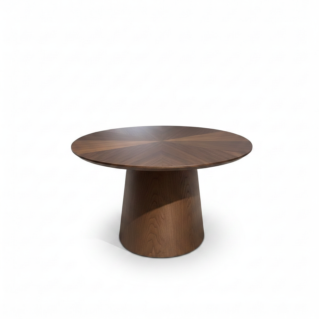 Valora Wood Dining Table in solid ash wood and marble, 90-degree side view on a white background
