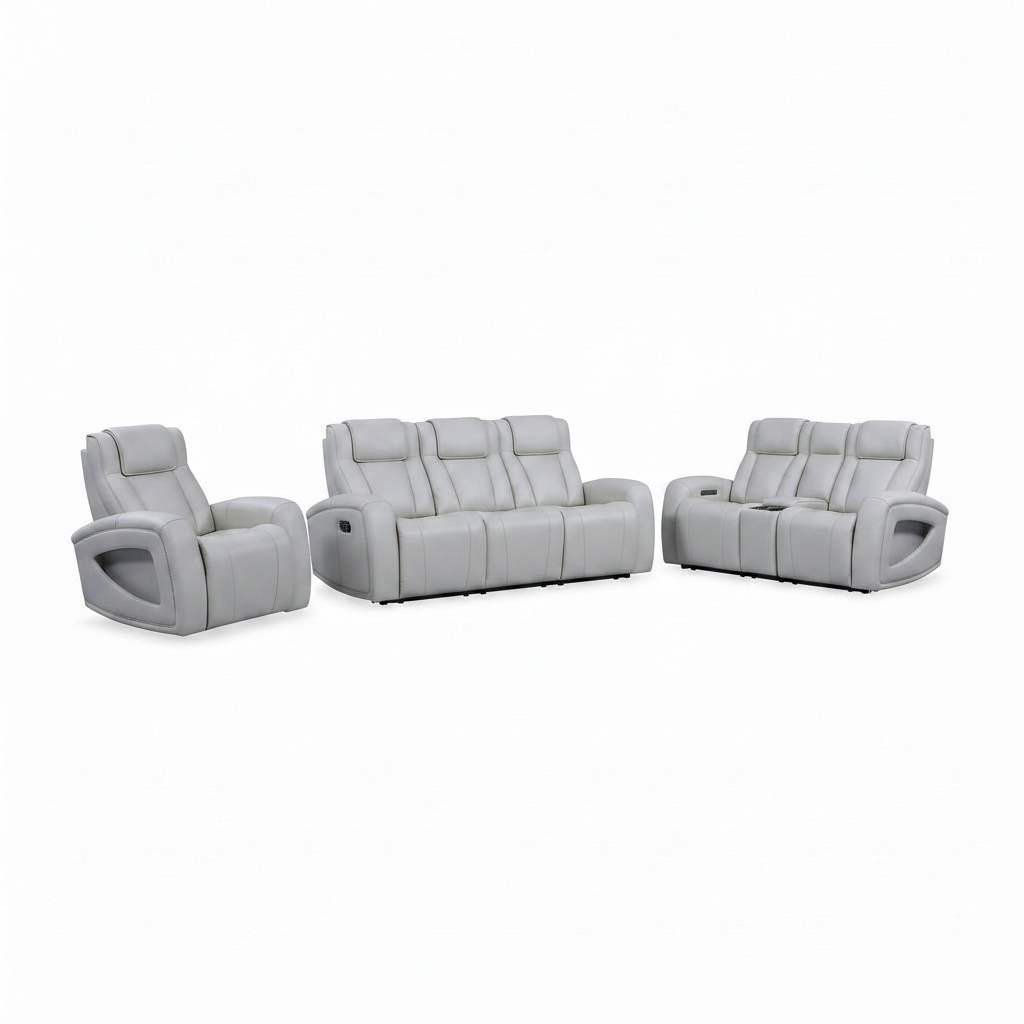Kensaire Leather Sofa Set light gray leather right front 45 degree view one
