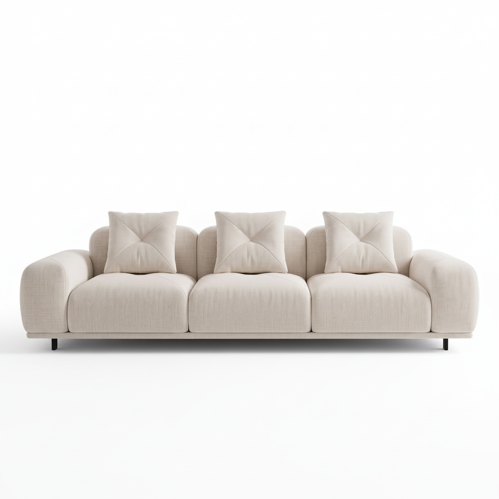 Front view of the Savelier fabric sectional sofa with plush seat cushions on a white background.