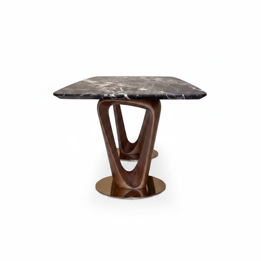 Bellerose Marble Dining Table true 90-degree end-on side view showing the narrow marble top and sculptural loop base