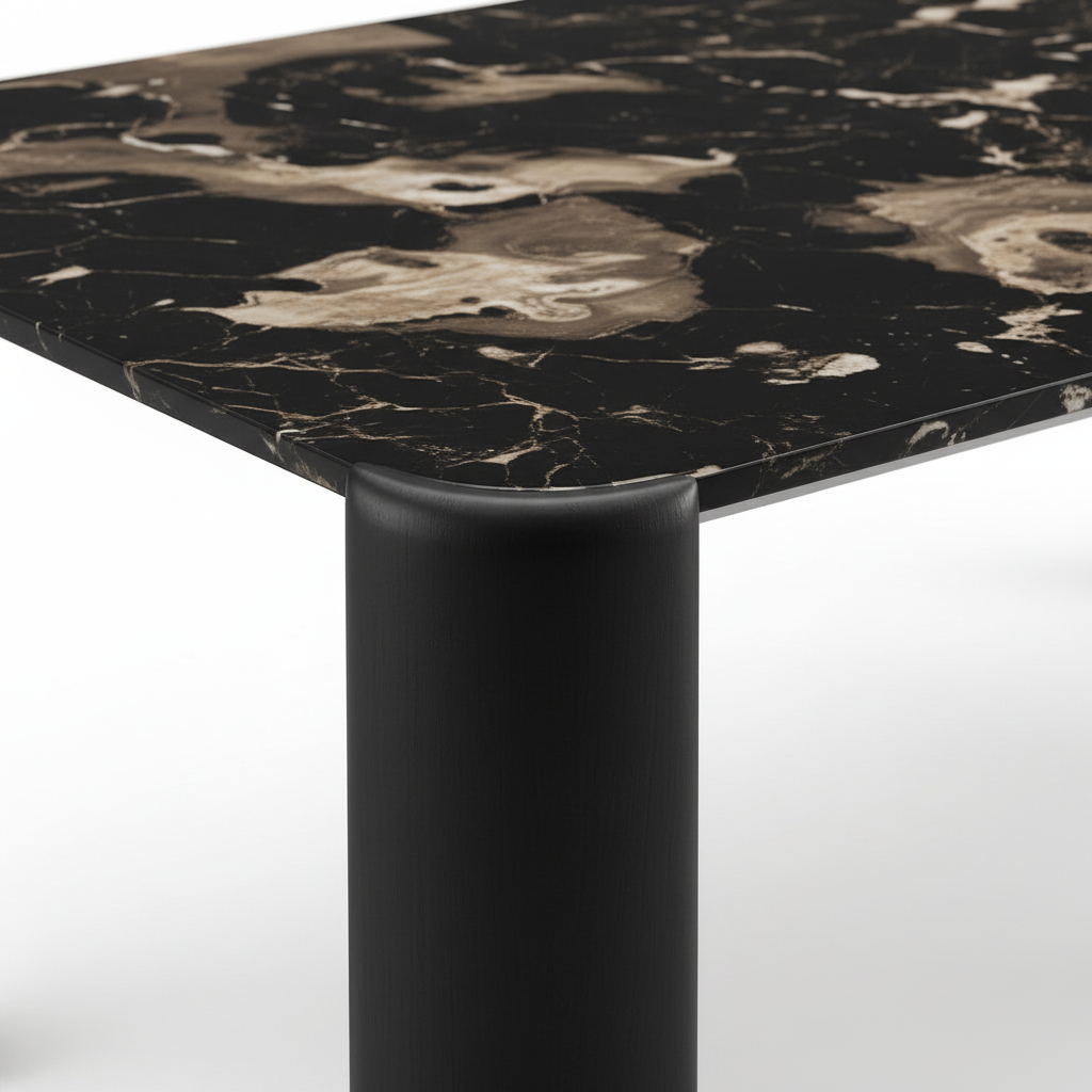 Close-up of Urbelle Dining Table black tabletop edge and wood surface