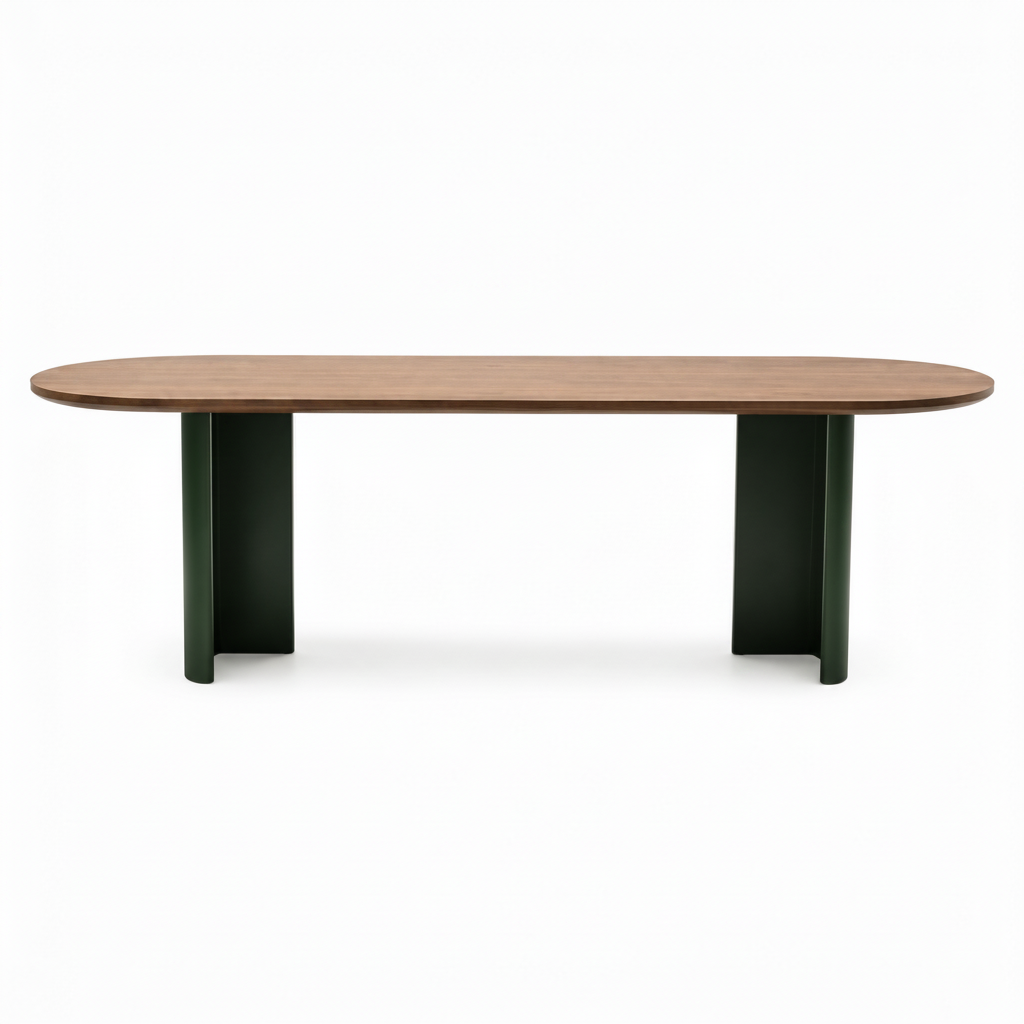 Lumeran Dining Table in ash wood, straight front view on white background