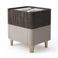 Cyrmont End Table marble top, fluted wood, white cabinet, and gold legs, 45 degree side view