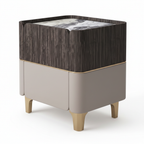 Cyrmont End Table marble top, fluted wood, white cabinet, and gold legs, 45 degree side view