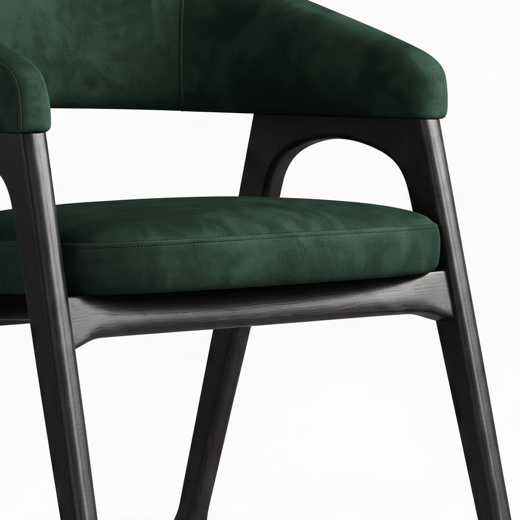 Delphine Dining Chair deep green seat cushion and dark wood leg detail on white background