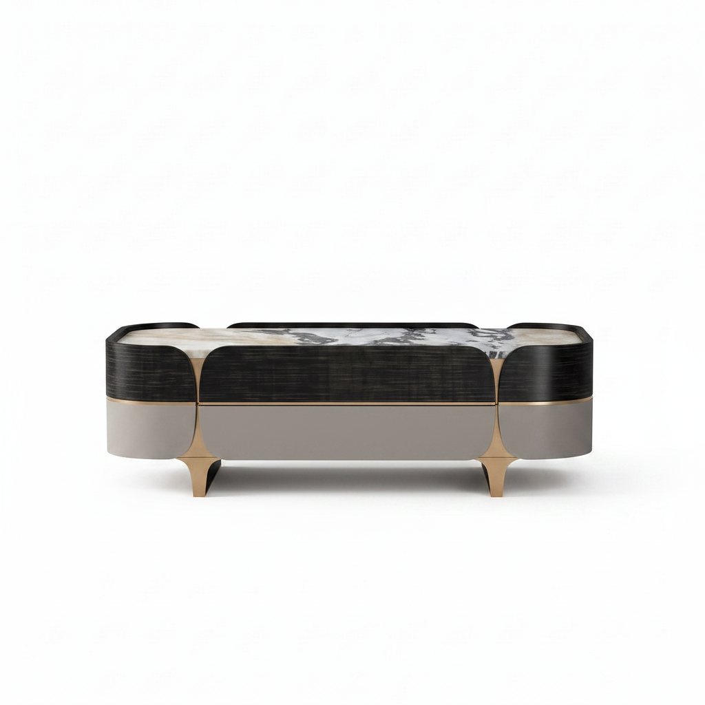 Cyrmont Coffee Table with black wood veneer, marble top and gold accents, front view