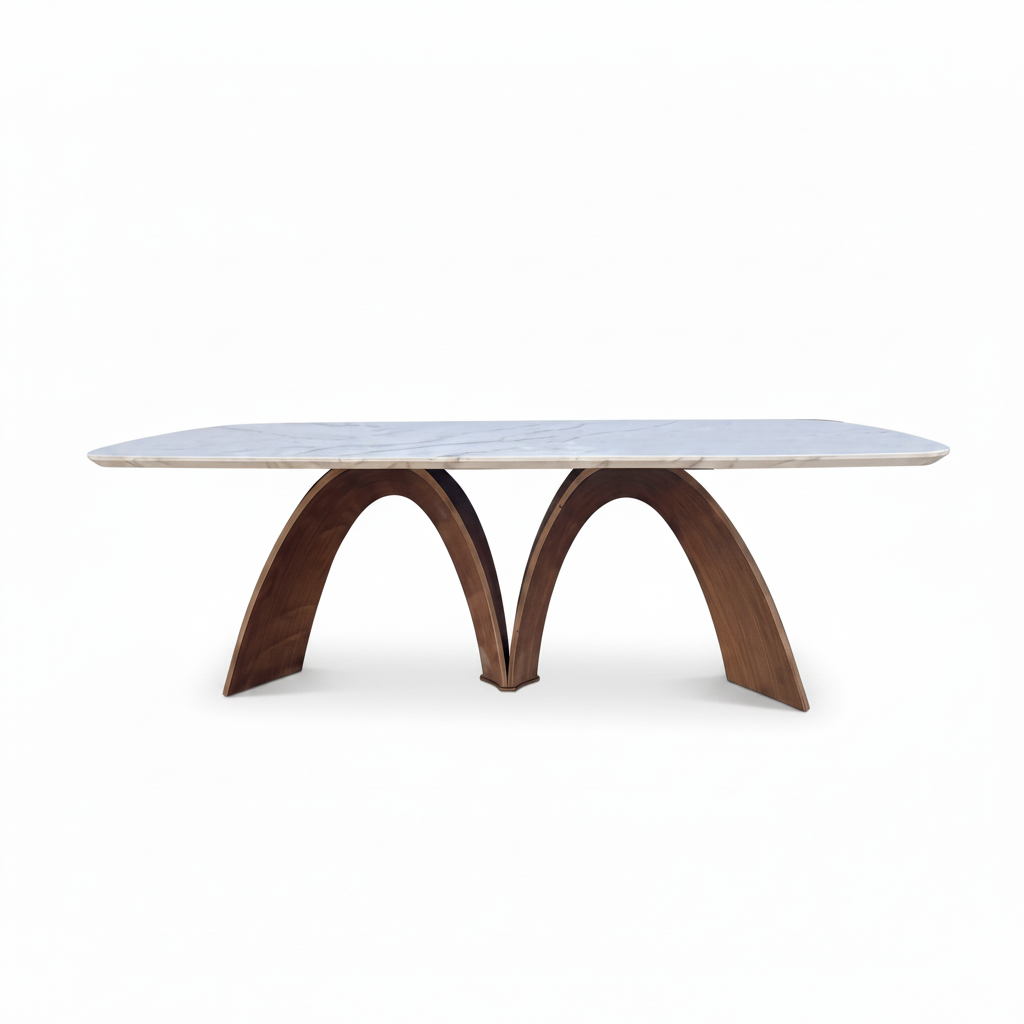 Cressida Marble Dining Table in ash wood and marble, straight front view on white background