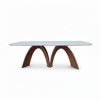 Cressida Marble Dining Table in ash wood and marble, straight front view on white background