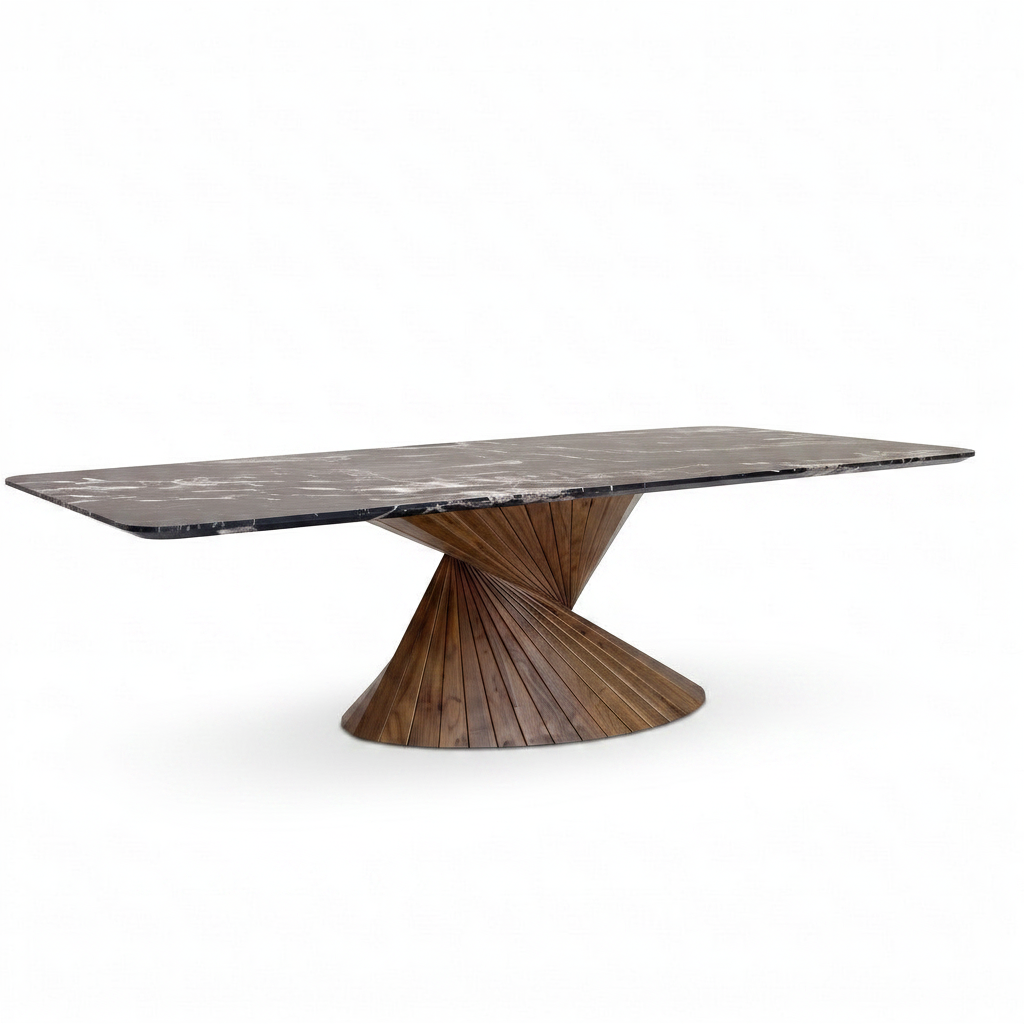 Rivelle Dining Table in solid ash wood and natural marble, true 45-degree front-right view on a white background