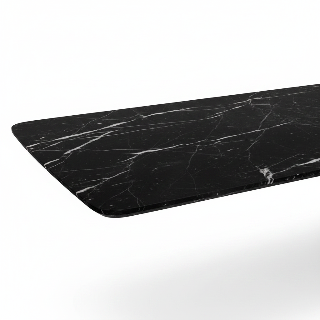 Close-up of the Meridian Marble Dining Table marble tabletop surface and edge