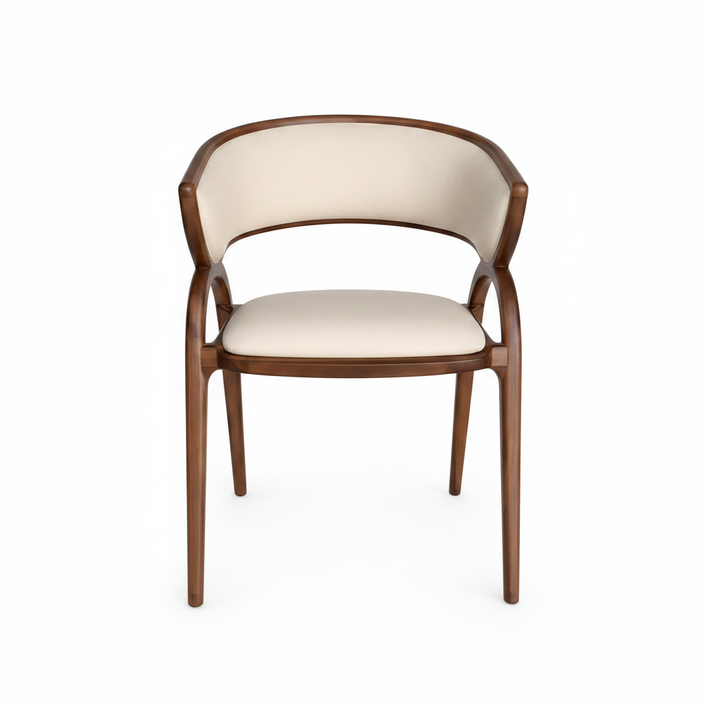 Amarante Dining Chair in cream upholstery and dark wood, straight front view on white background