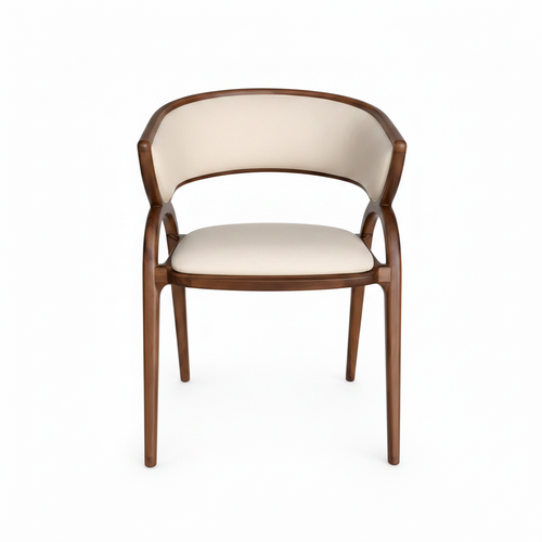 Amarante Dining Chair in cream upholstery and dark wood, straight front view on white background