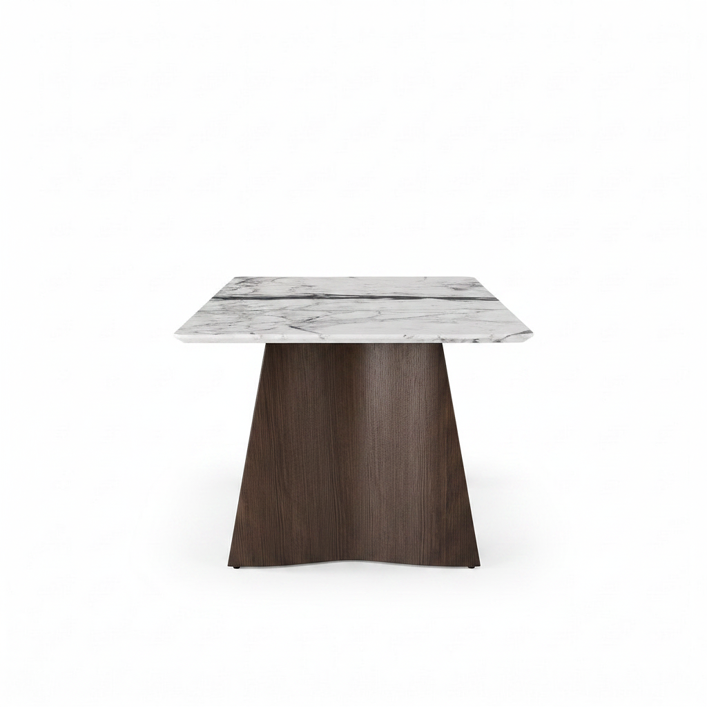 Nocturne Marble Dining Table 90-degree short-end profile, marble top and wood base