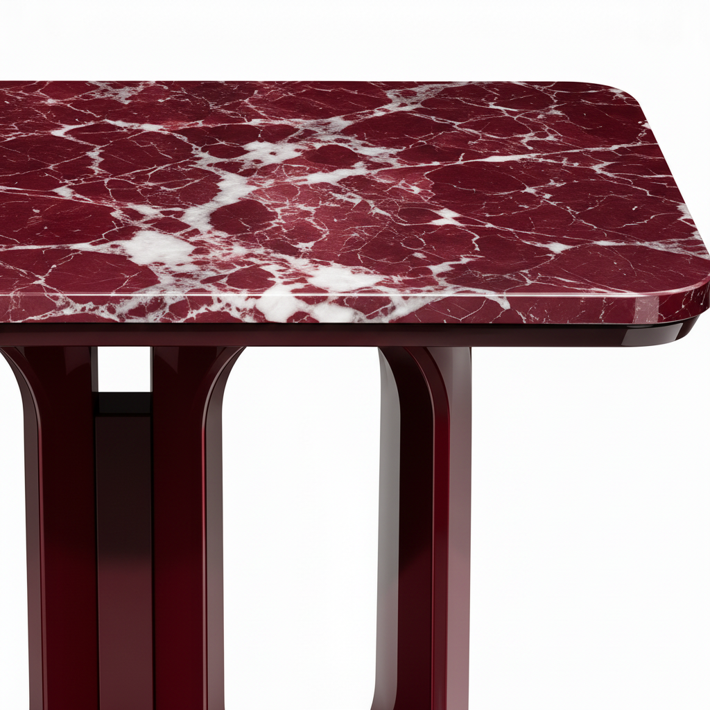 Zevrane End Table red marble top, burgundy curved frame, and black base macro detail